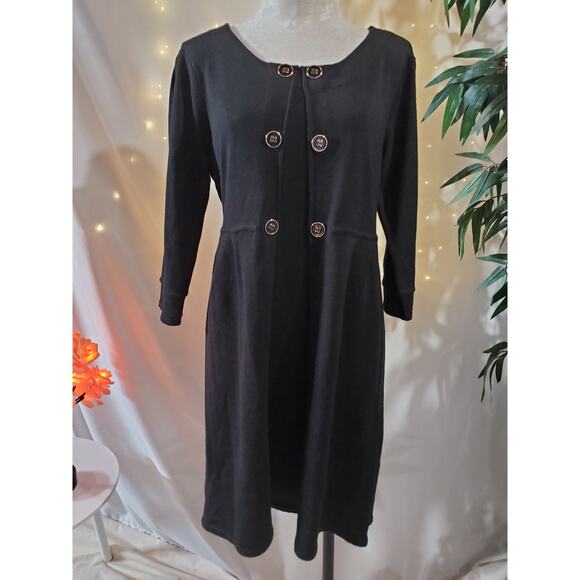 Tahari ASL Wool Blend Black Midi 3/4 Sleeve Sweater Dress Womens Size L Petite - Picture 1 of 9